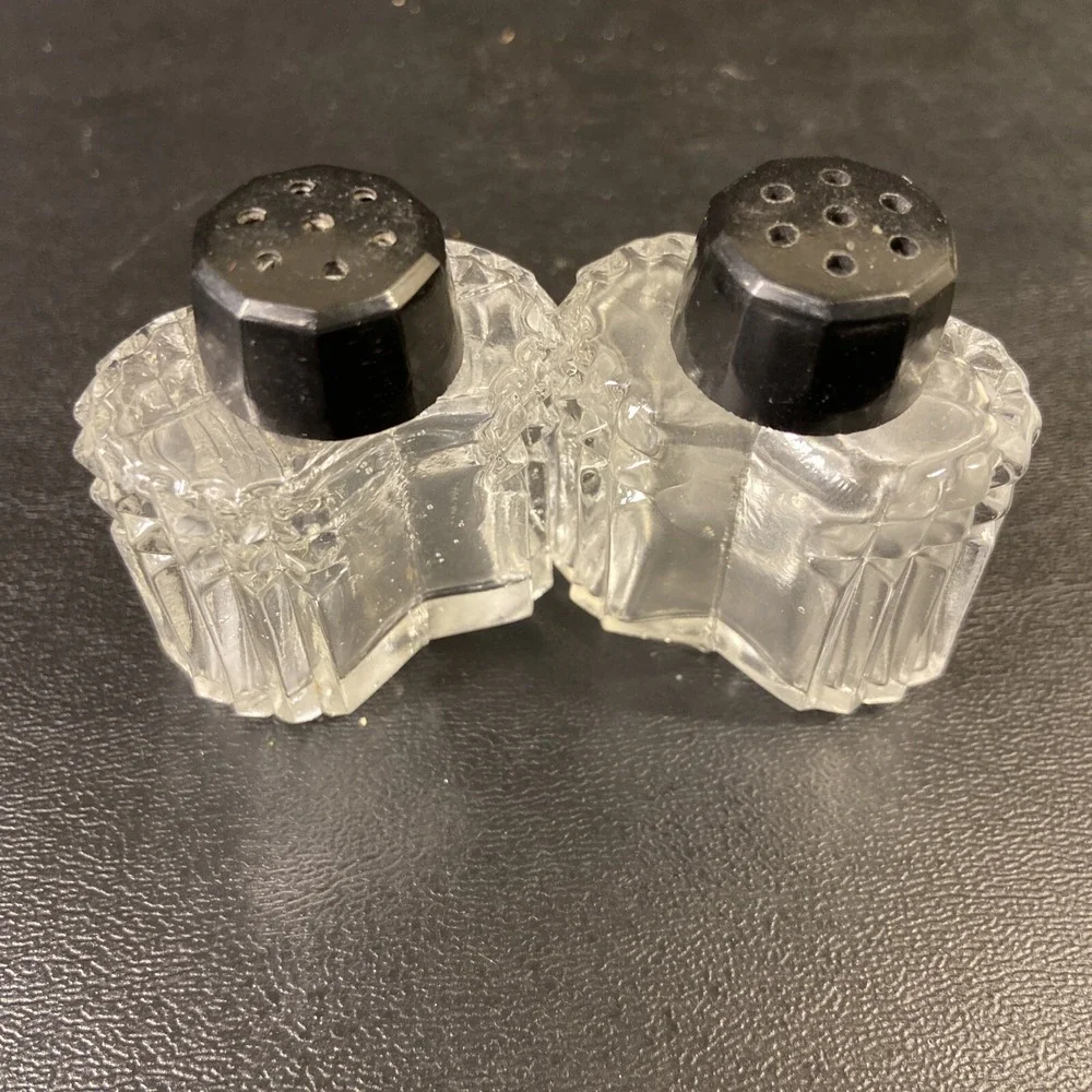 Vintage Salt & Pepper Shakers Retro Diamond Point Clear Black Tops Japan MCM